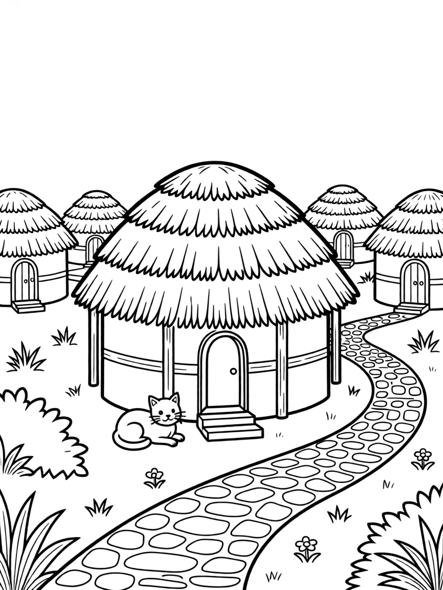 A coloring page from Tanzania showing a round thatched-roof hut in a Maasai village, surrounded by neighboring buildings, a cobblestone path, and a friendly cat resting on a step.