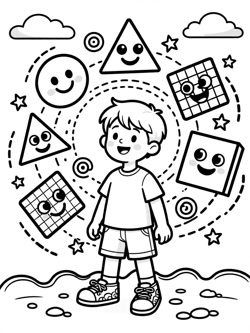 an adventurous little boy watches shapes come alive and dance together in a geometry-themed dreamland.