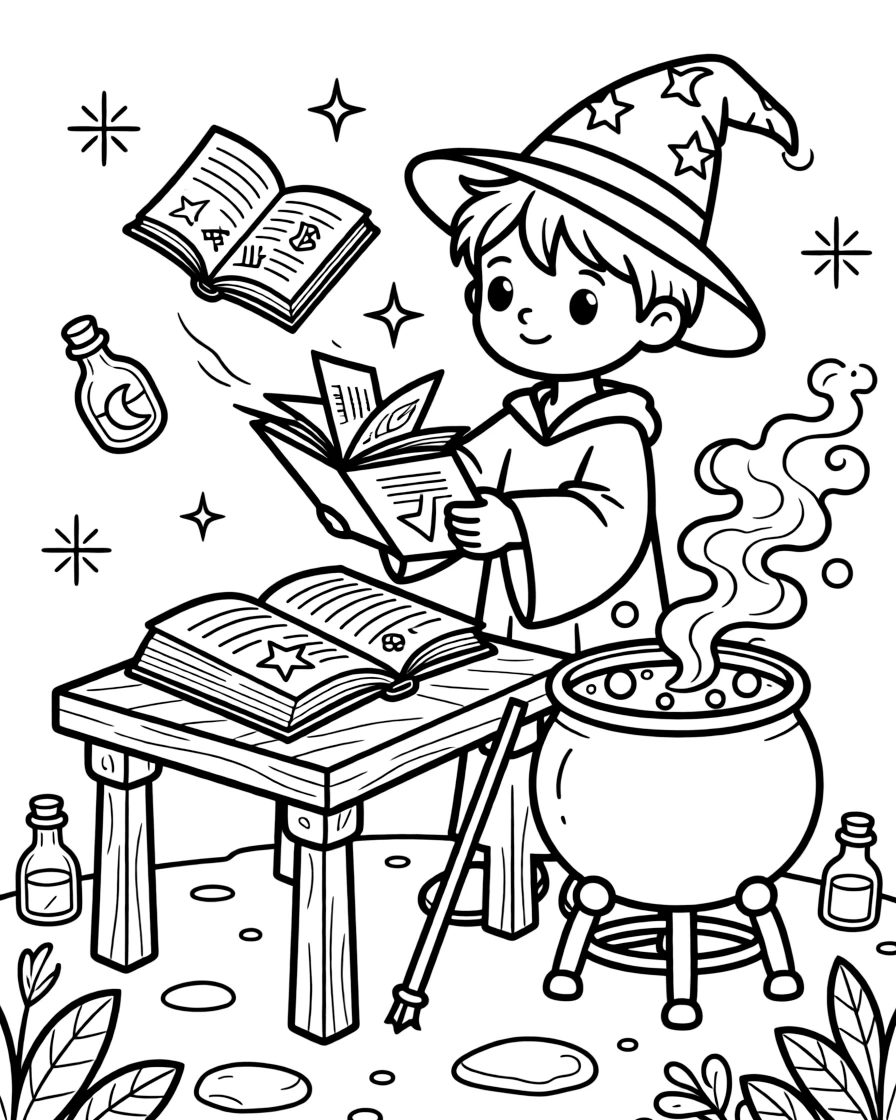 A wizard's spellbook flips its own pages searching for the right recipe as a cauldron bubbles impatiently nearby.