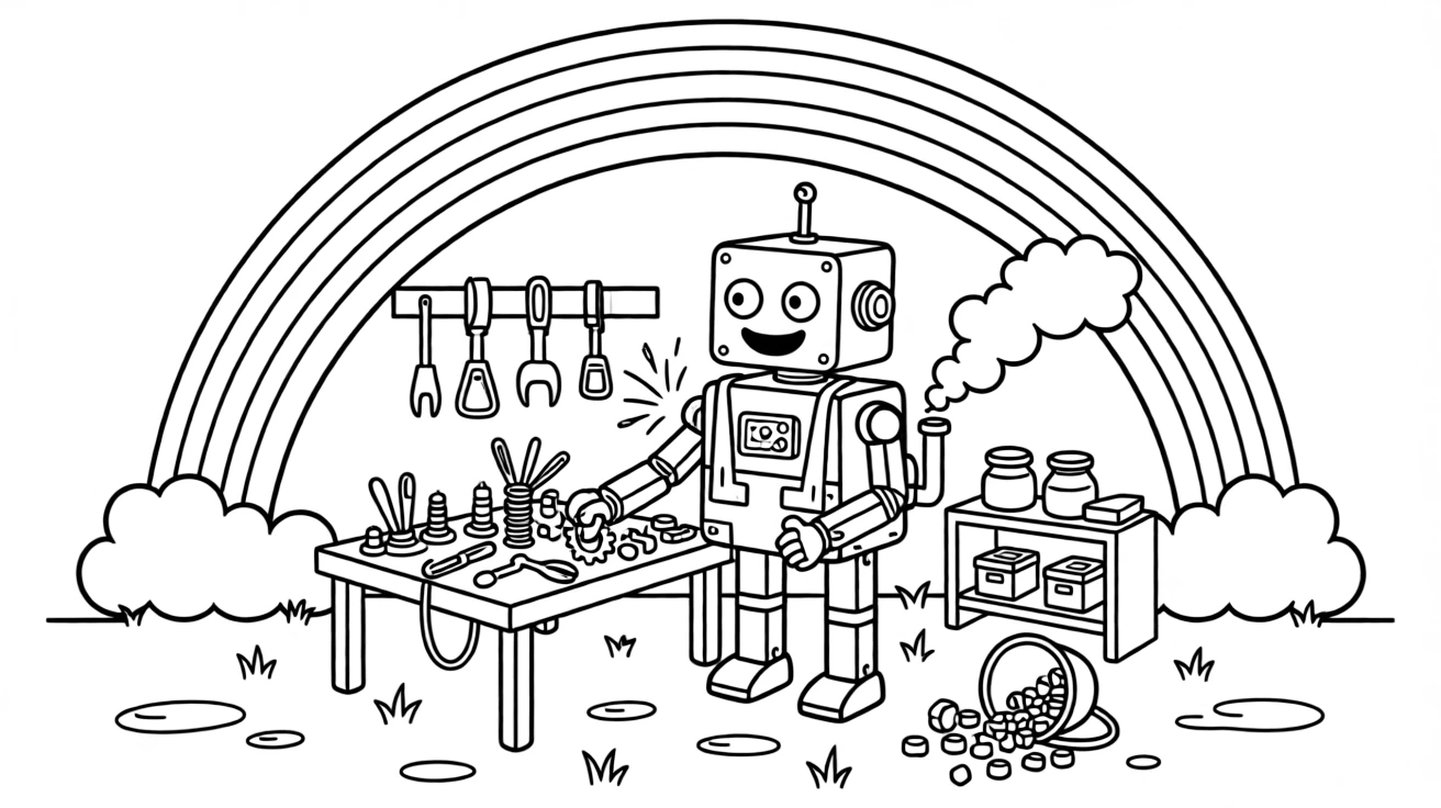 [Imaginative Inventions] a homemade robot built from spare parts tinkering with gears and springs in a cluttered backyard workshop, wide-eyed with wonder, while sparks fly gently from a control panel fills the surrounding area. Smoke puffs playfully from a small pipe. Set just after a rainstorm, with a rainbow arching overhead, the page bursts with adventure and imagination.