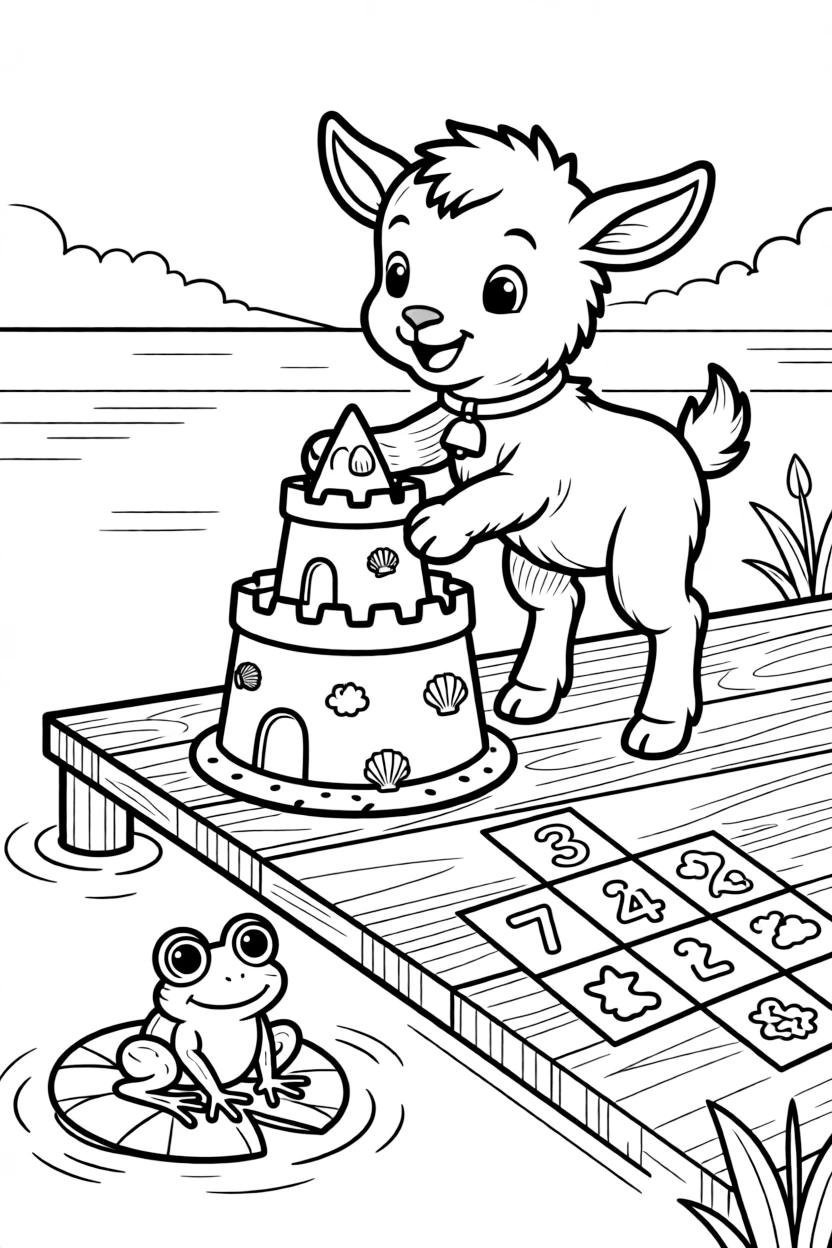 A bouncy baby goat is building a tall sandcastle decorated with seashells on a wooden dock by a calm lake. Scattered nearby, a friendly frog perched on a lily pad and a hopscotch grid chalked onto the pavement fill the page with charm.