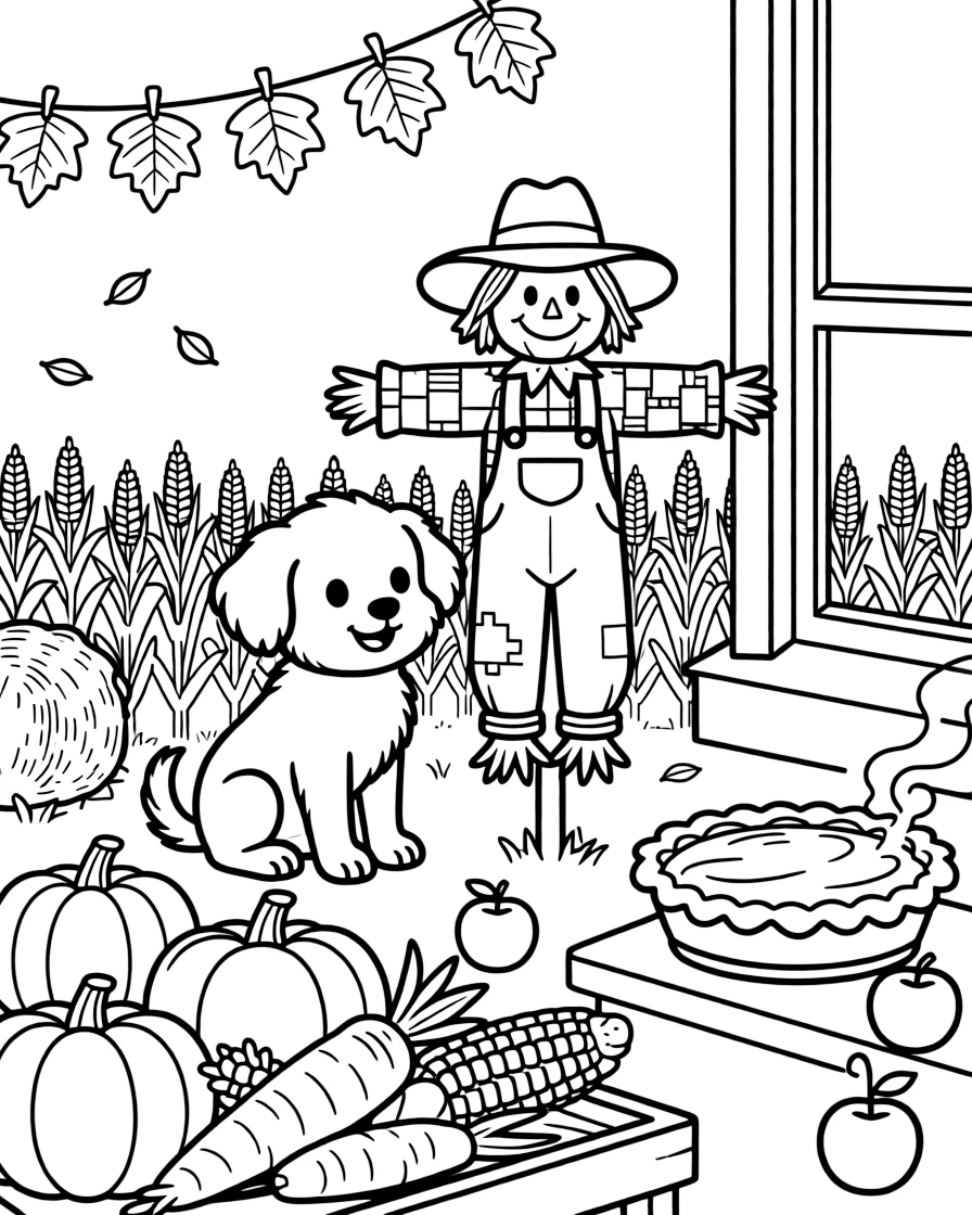 A fluffy puppy sitting beside a scarecrow standing guard over golden fields at a farmers market piled high with autumn vegetables, with a string of paper leaf garlands and a warm apple pie cooling on a windowsill scattered about.