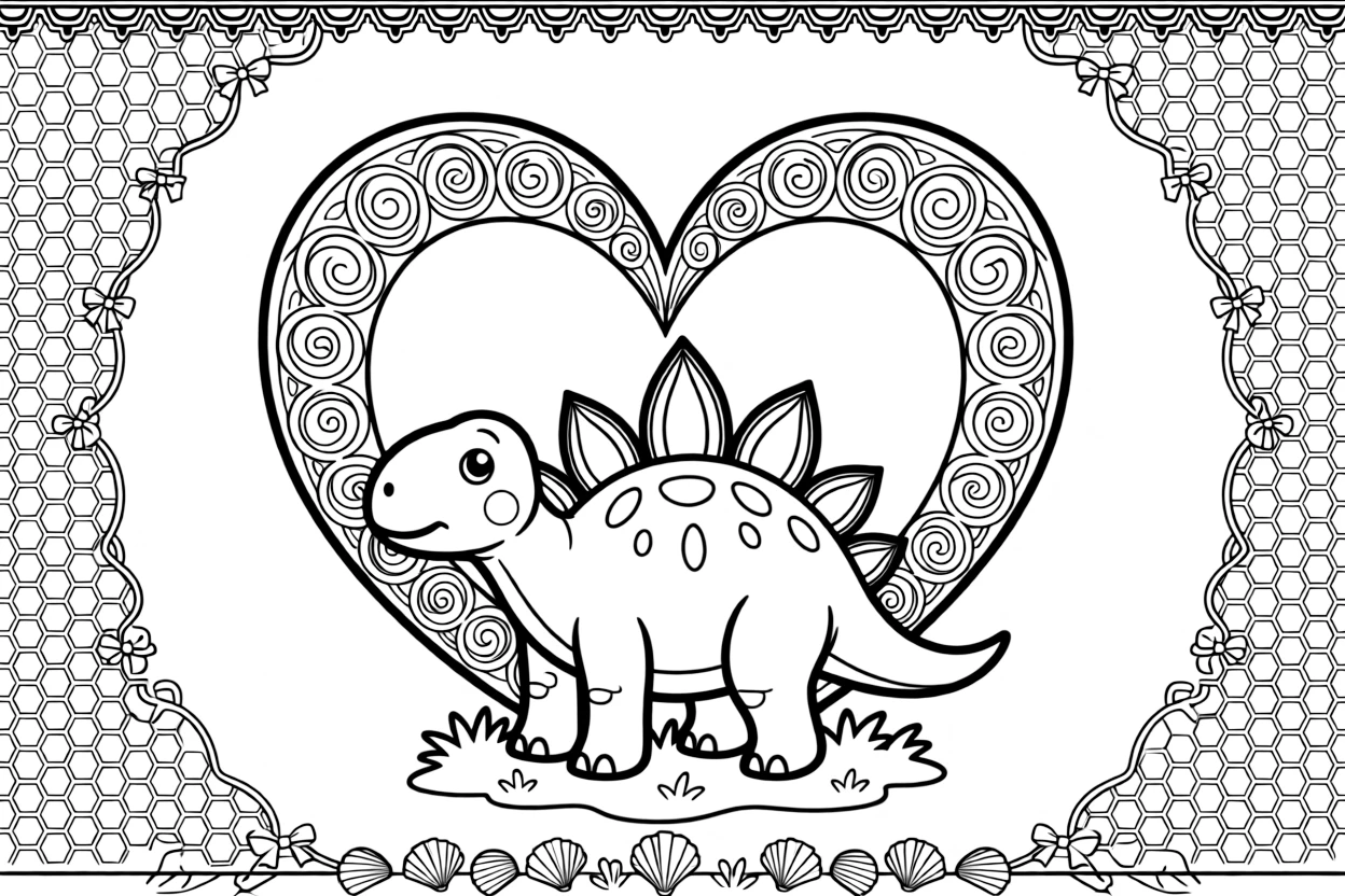 Dinosaurs & Prehistoric: The page presents a small themed scene built around a stegosaurus with a row of back plates, tied together by a heart-shaped mandala framed by soft curling loops. The scene is placed in the center of a small symmetrical scene, with matching background details balanced evenly on both sides. Decorative details fill the surrounding space, including a field of tiny honeycomb cells, delicate lace-edged fringes, and loops shaped like small bows woven throughout the background. A playful extra touch completes the page: a cluster of small seashells scattered along the bottom border.