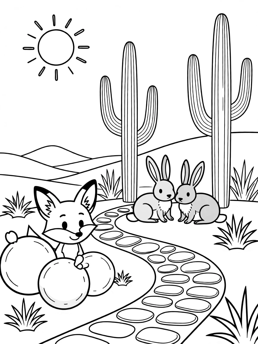 [Desert Dunes] A curious desert fox pokes its oversized ears out from behind a cluster of round cacti. A family of jackrabbits rests in the shade of a cluster of tall cacti. Tall saguaro cacti stand like sentries near a winding path of smooth, sun-baked stones. Bright midday sun beats down on the dunes beneath a nearly cloudless sky.