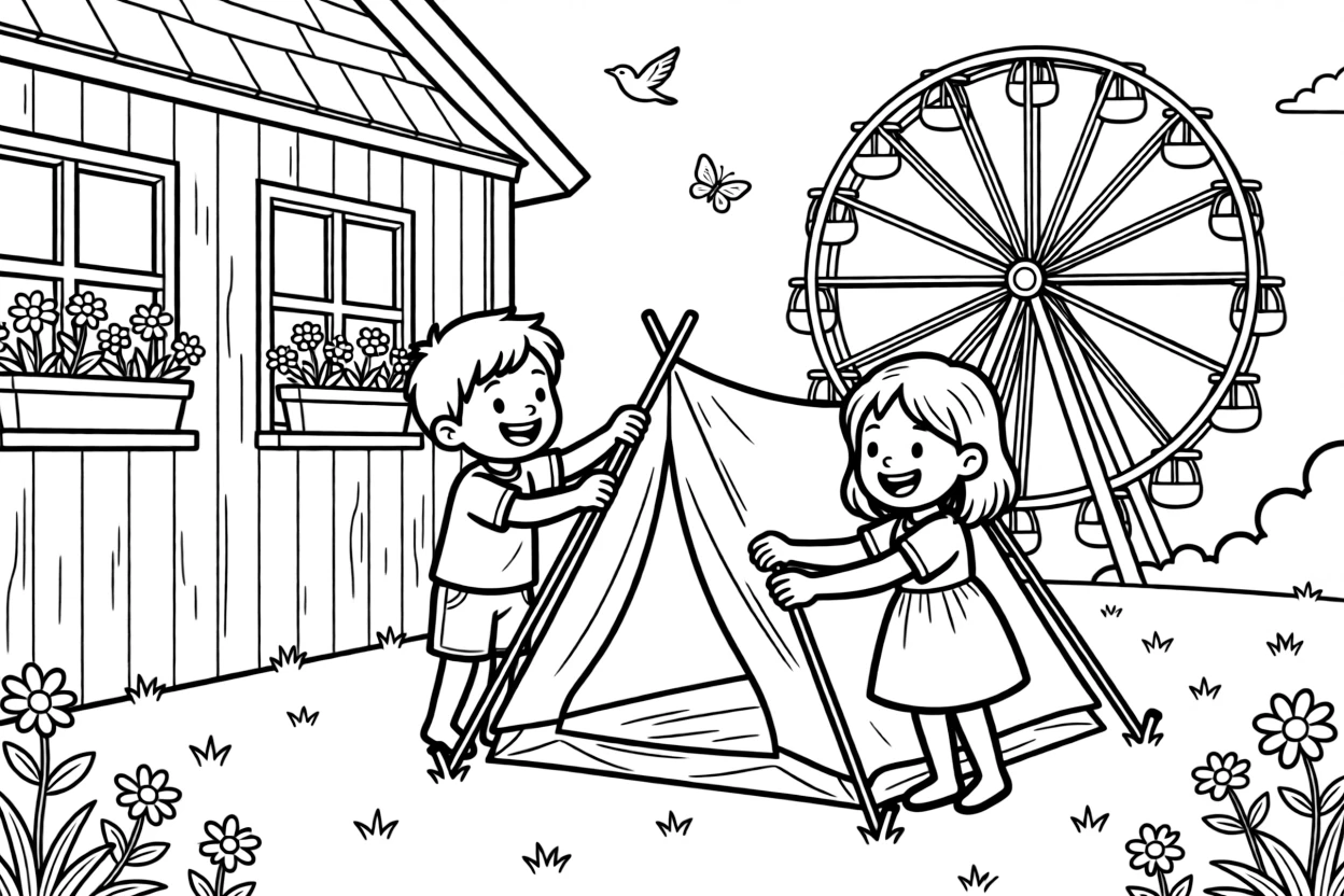 A giggling boy setting up a tent with a best friend by a garden shed while a ferris wheel spins in the distance.