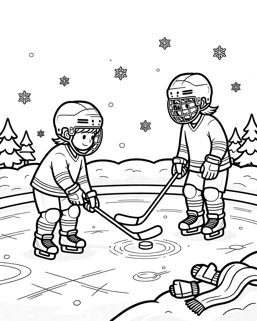 A shy new student, passing the puck to a friend near a snowbank marking the sideline.