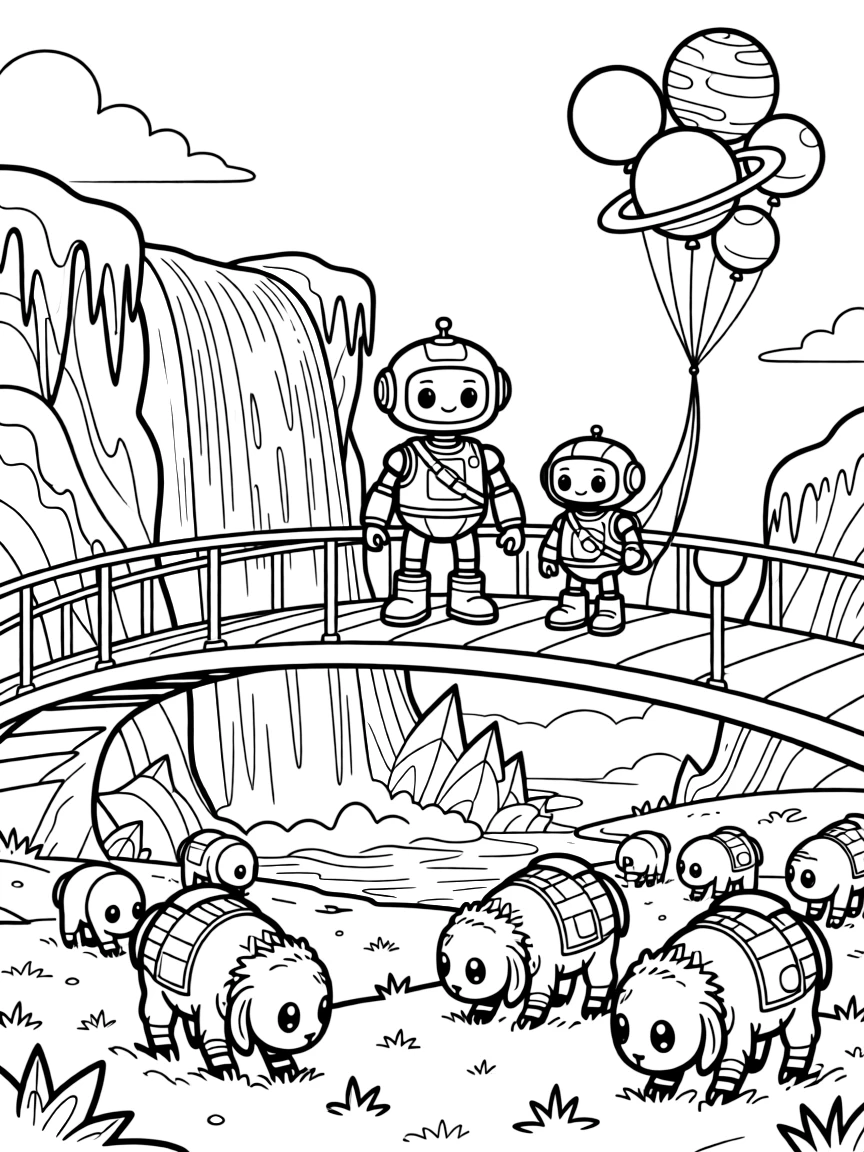 Rusty, a curious little rescue robot helping a shy robot overcome its fear of heights on a sky bridge in a frozen waterfall planet with rainbow-colored ice, as a herd of gentle six-legged alien creatures grazing nearby and a cluster of balloons shaped like planets fill the scene.
