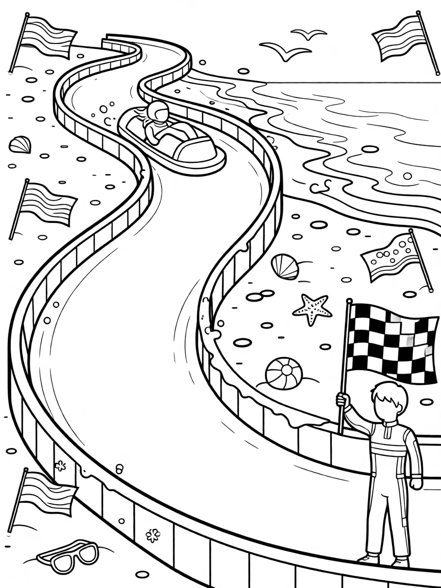 This coloring page shows a luge sled racing feet-first down an icy chute making its way across a sunny sandy beach where waves roll onto the shore, accompanied by a race car driver holding up a checkered flag, while colorful flags fluttering from every corner adds extra charm to the scene.