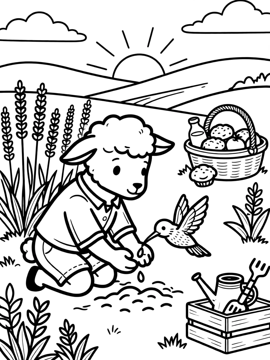 A lamb on a farm at sunrise, planting seeds together with a hummingbird, next to a lavender field, with a picnic basket full of treats nearby.