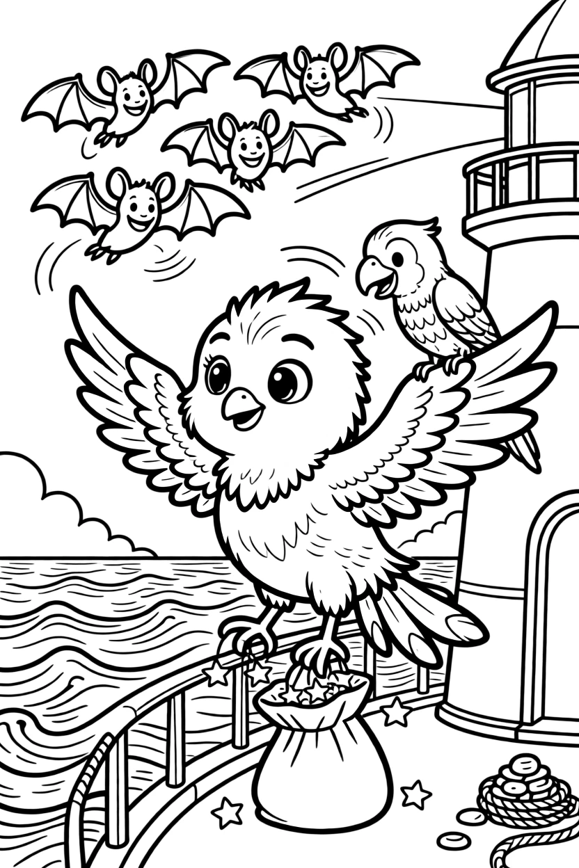 On a lighthouse balcony overlooking a stormy sea, a giant phoenix chick learning to fly is busy juggling glowing stars pulled from a sack, cheered on by a squadron of friendly bats looping overhead and a chatty parrot perched on one shoulder. Warm smiles and happy cheers fill the scene.