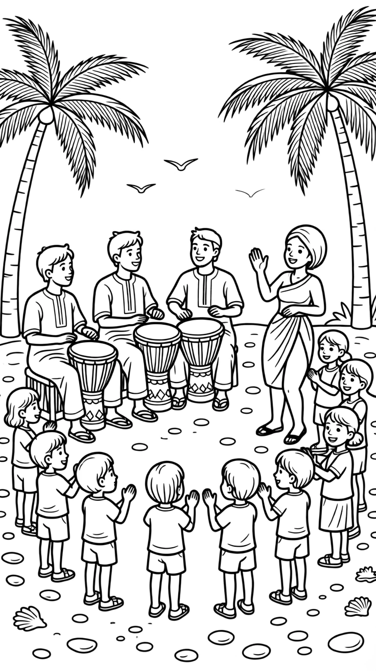 A coloring page bursting with rhythm from Tanzania, showing drummers and singers performing at a coastal Swahili celebration, with an audience of clapping children gathered around in a circle.