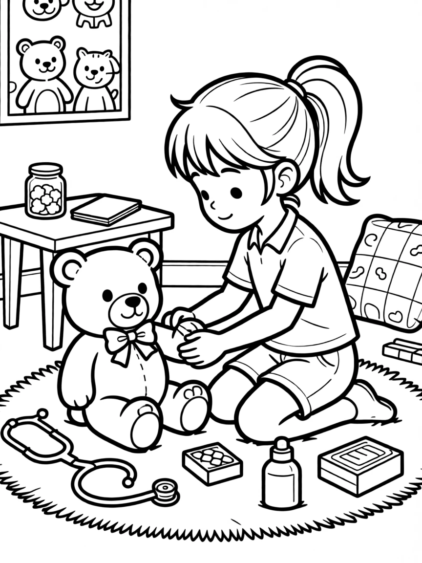 an adventurous little girl bandages a stuffed teddy bear's paw during a veterinarian role-play.