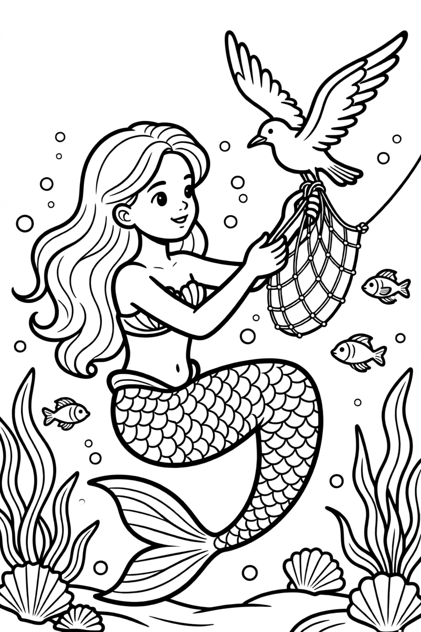 A mermaid rescues a tangled seagull from a fishing net, gently untangling its wings underwater before it flies free.