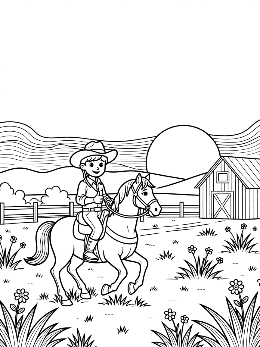 [Cowboys] a young cowboy riding a horse galloping across an open prairie near a rustic wooden ranch, giving a confident thumbs-up, while a horse's saddle bags sway gently fills the surrounding area. A wide-brimmed hat shades the rider's face. Set at sunset, with heat waves shimmering in the distance, the page bursts with adventure and imagination.