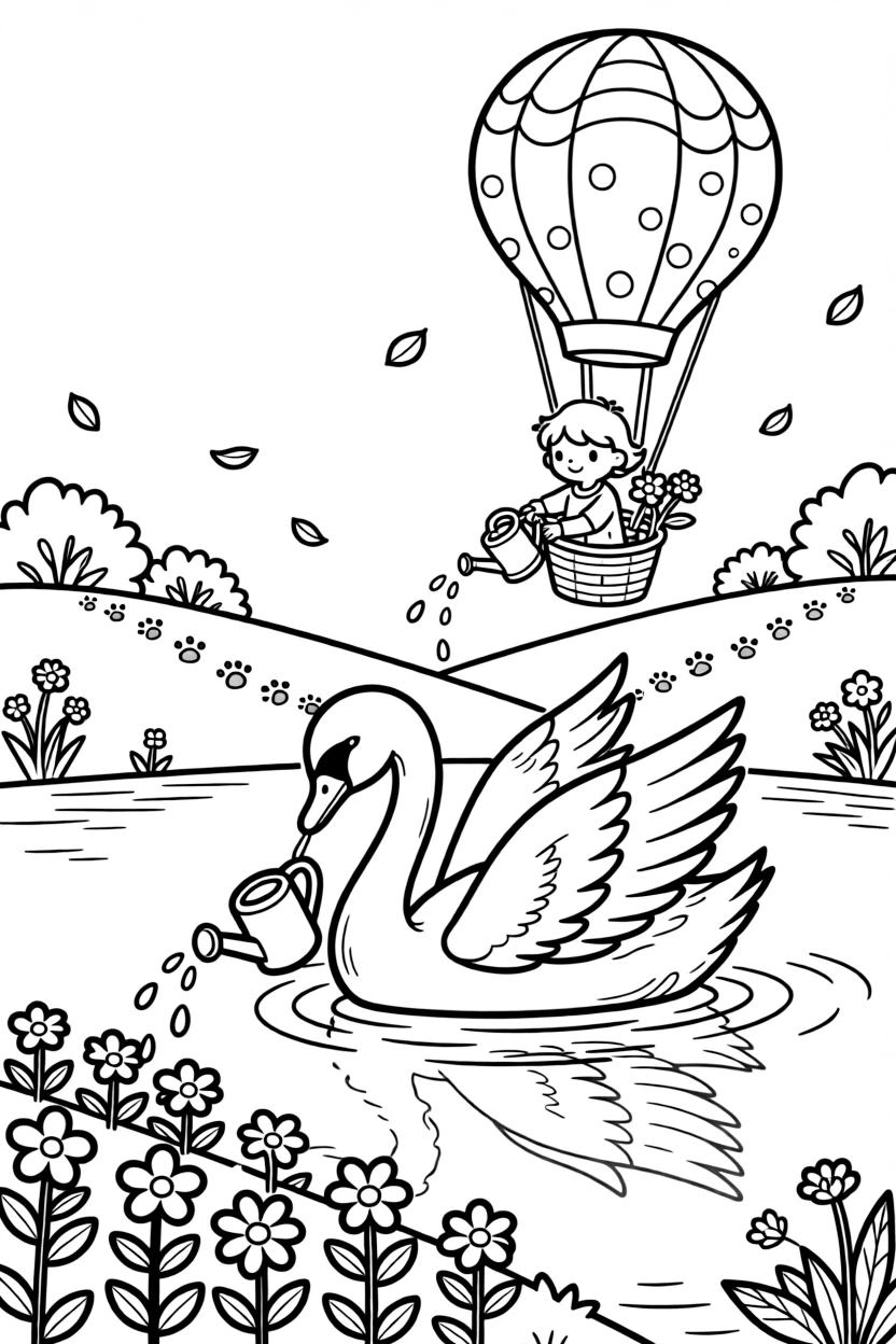 A graceful swan gliding on the water is watering rows of flowers with a tiny watering can aboard a hot air balloon drifting over rolling hills. All around, a trail of tiny paw prints leading away and scattered flower petals drifting in the breeze round out the happy picture.