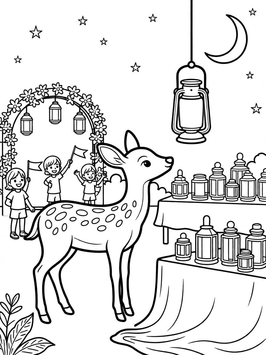 A spotted fawn admiring a lantern drifting past a crescent moon at an open-air night market lit with glowing lanterns, near children waving small flags and a decorated archway welcoming guests.