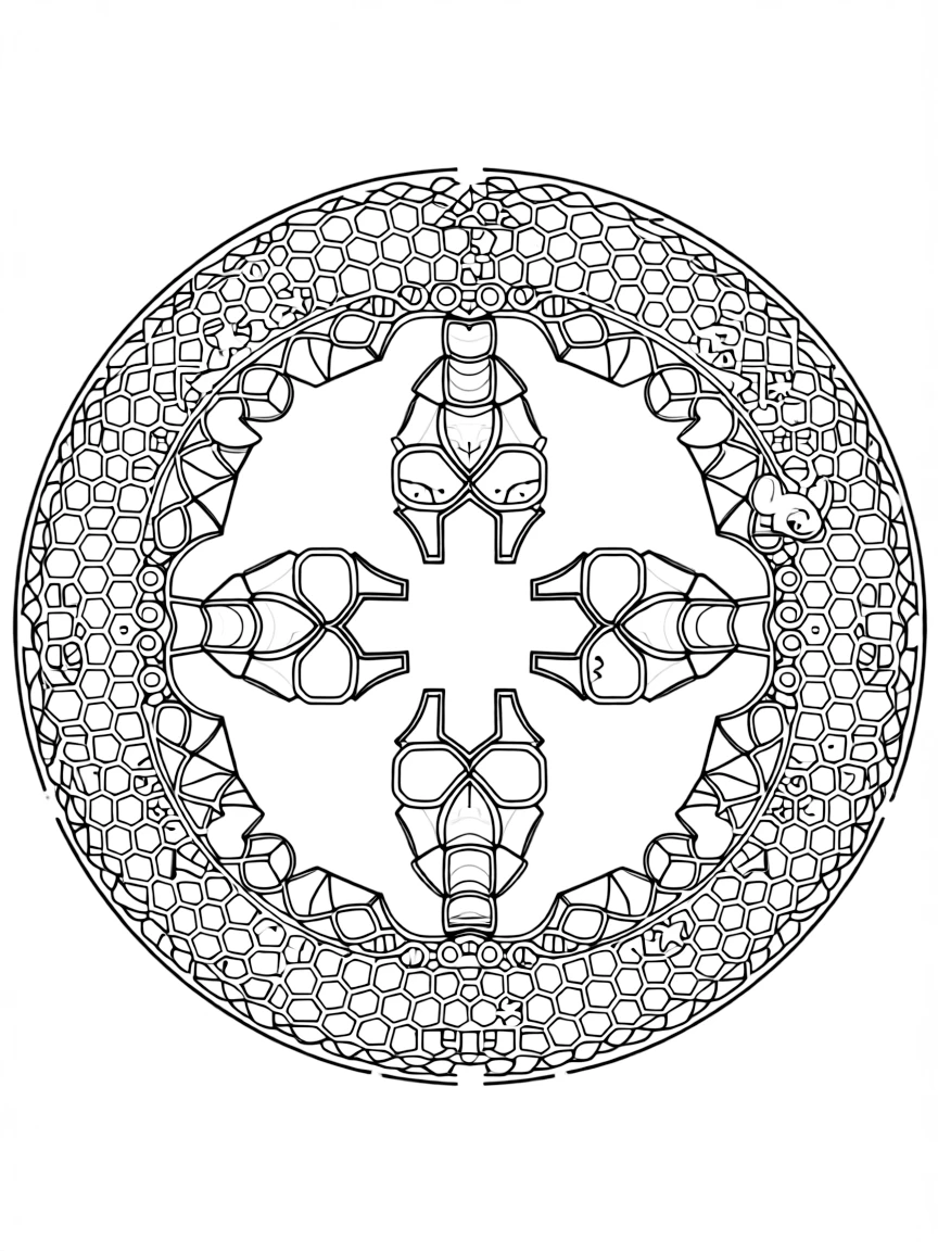 Dinosaurs & Prehistoric: The design turns a stegosaurus with a row of back plates into a kaleidoscope-style composition anchored by a honeycomb mandala tiled from small hexagon cells. The imagery is split into four mirrored quadrants that meet at the center, each quadrant a rotated echo of the next. Decorative details fill the surrounding space, including overlapping fish-scale textures, interlocking circle chains, and clusters of small five-point stars woven throughout the background. A playful extra touch completes the page: a curious little mouse peeking out from behind one of the shapes.