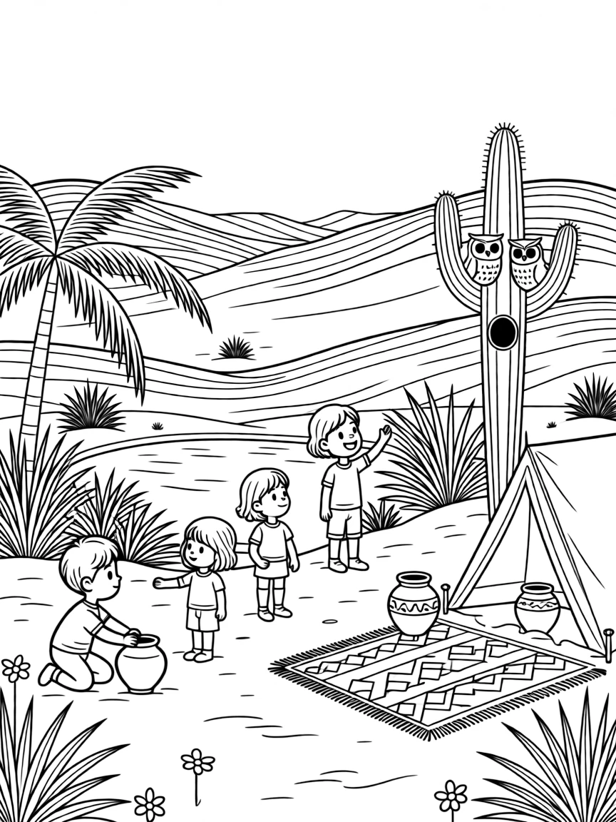 [Desert Dunes] A group of children explore a hidden desert oasis surrounded by palm trees. A pair of desert owls peek out from a hole in a tall saguaro cactus. A cluster of colorful woven blankets and clay pots sits near a small desert campsite. Warm golden light stretches long shadows across the rippling sand at sunrise.