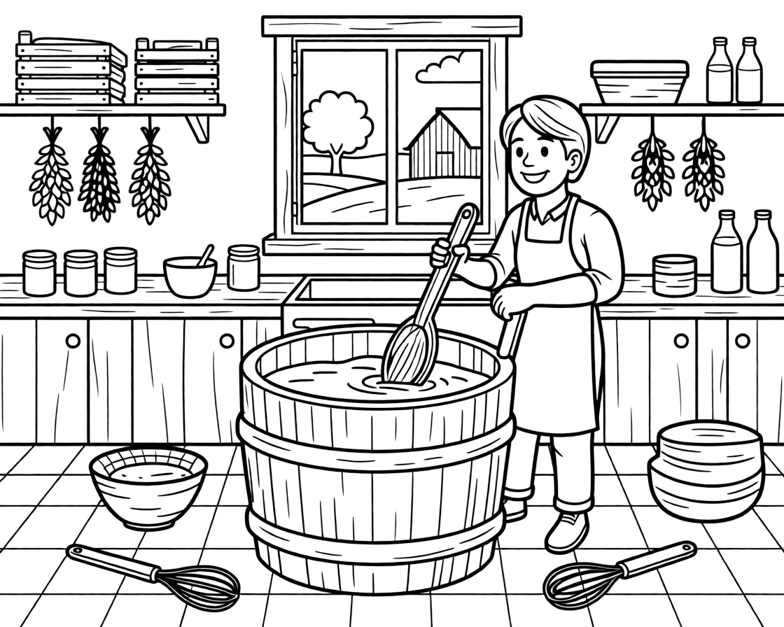A cheese maker stirs a big vat of milk in a rustic dairy farm kitchen.