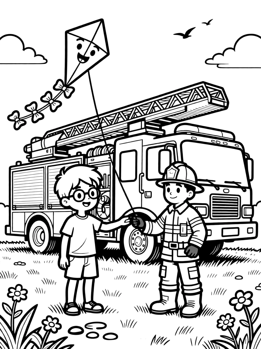 A boy with glasses getting a tour of a fire truck from a firefighter with a kite dancing in the wind.