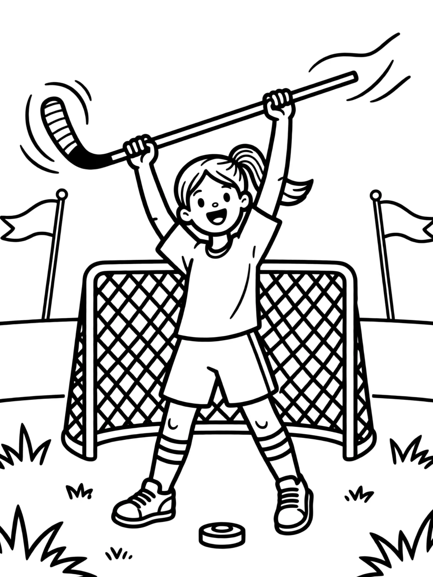 An energetic girl with a big smile, celebrating a goal by raising a hockey stick high above their head.