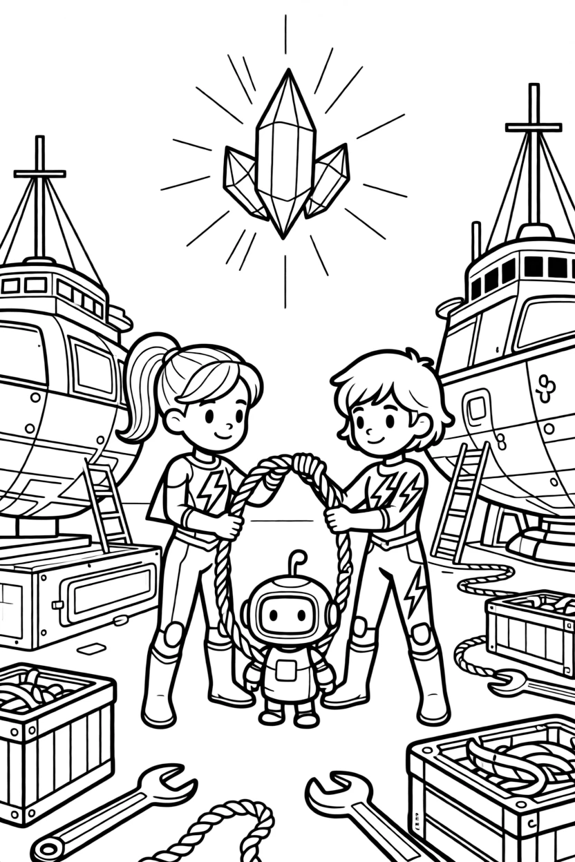 In a busy shipyard where spaceships are built and repaired, twin superhero siblings Nebula (super-fast) and Nova (electric) untangling a knot of vines that trapped a robot explorer, while a cluster of floating crystals humming softly adds to the excitement.