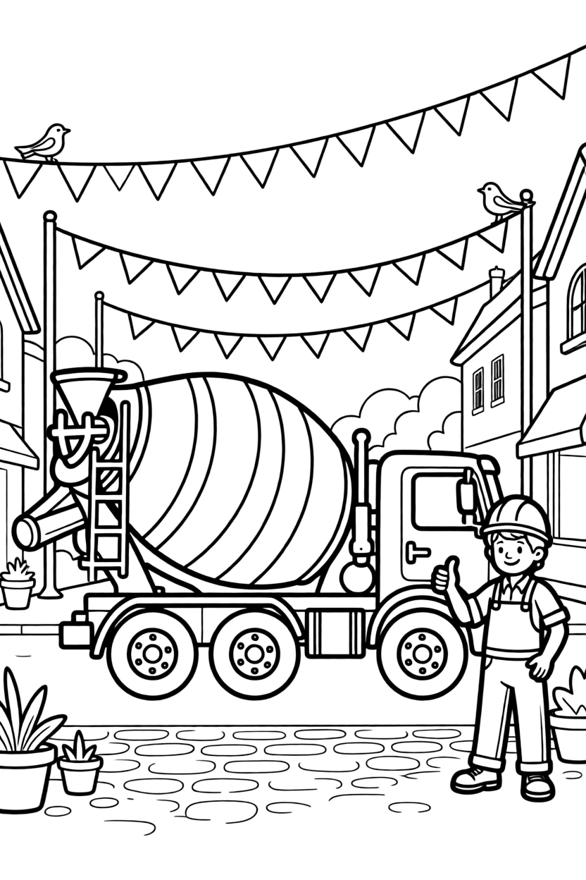 The scene captures a rumbling cement mixer truck with a spinning drum in the middle of a small town main street decorated with fluttering flags, with a construction worker giving a big thumbs up nearby and a string of triangle pennant flags overhead sprinkled around for extra fun.
