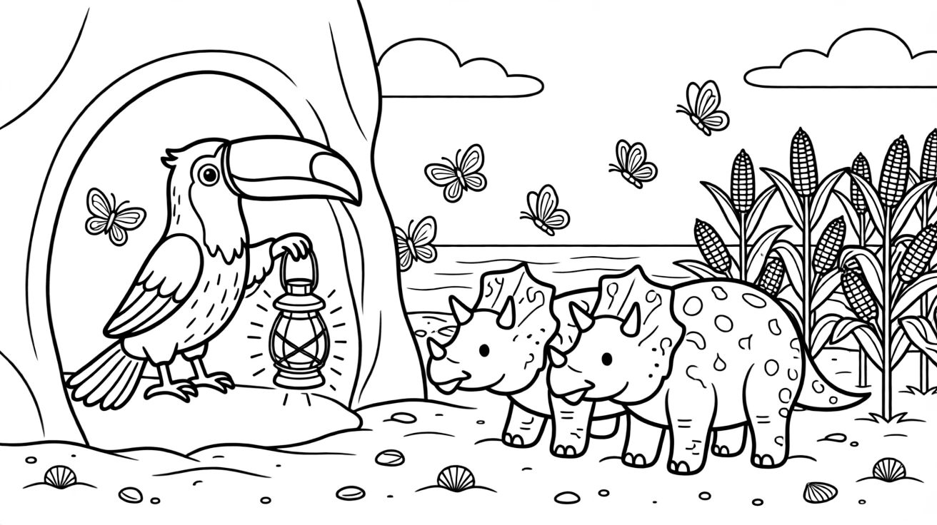 A toucan on a tropical beach at sunset, exploring a cave with a lantern beside a triceratops family, next to a corn field, surrounded by fluttering butterflies.