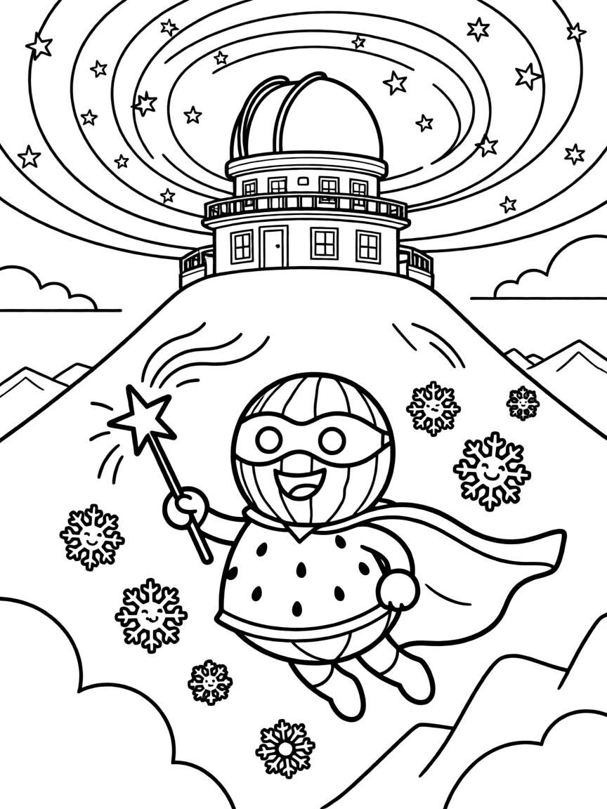 At a mountaintop observatory under a swirl of stars, an adventurous watermelon slice superhero discovers the joy of practicing magic tricks with a sparkly wand, while sparkling snowflakes drifting down all around watches happily nearby. A gentle breeze carries the sound of joyful laughter.