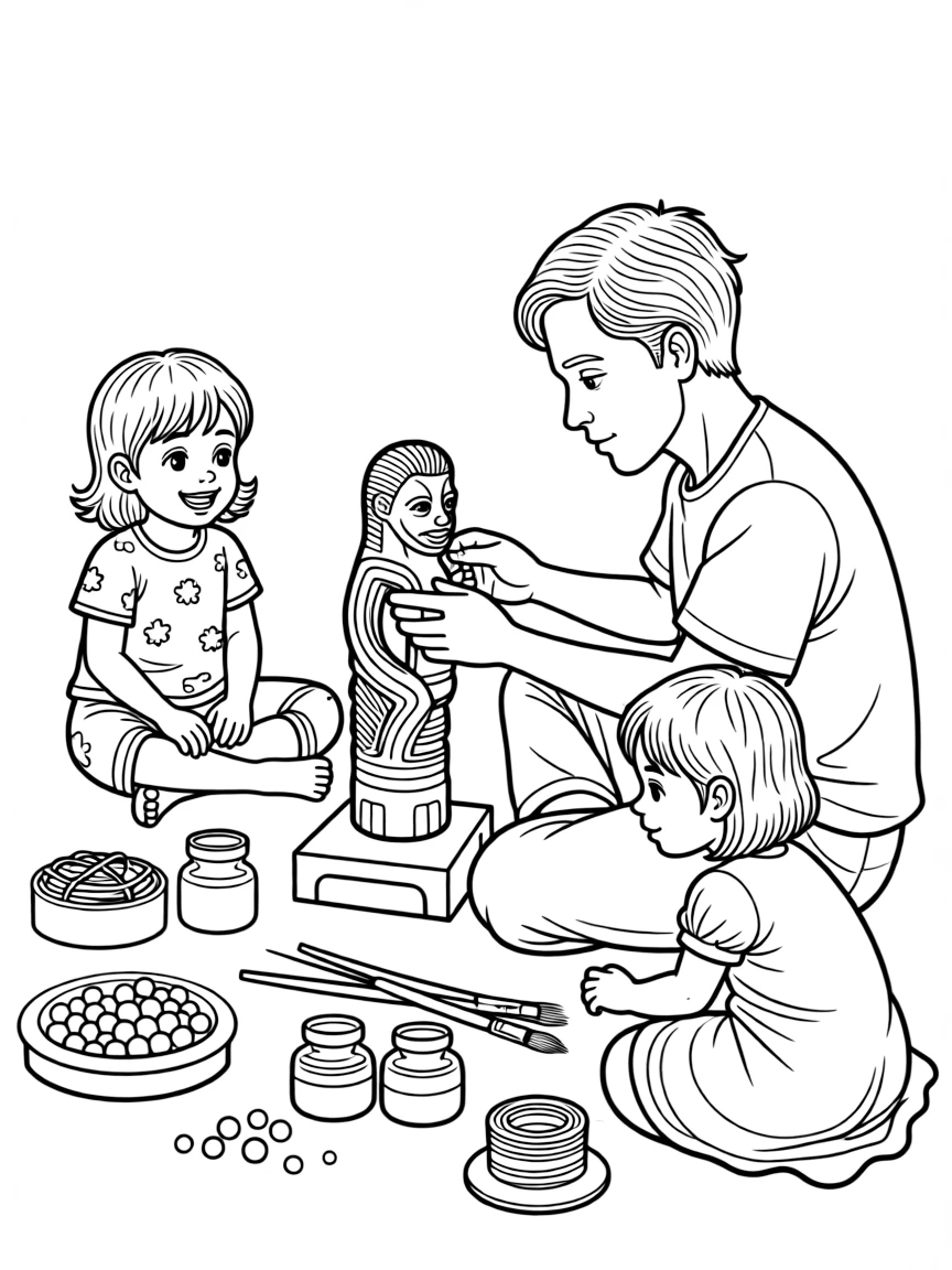 A coloring page of a child in Tanzania enjoying a craftsman carving an ebony wood sculpture, surrounded by colorful supplies and a curious sibling watching closely.