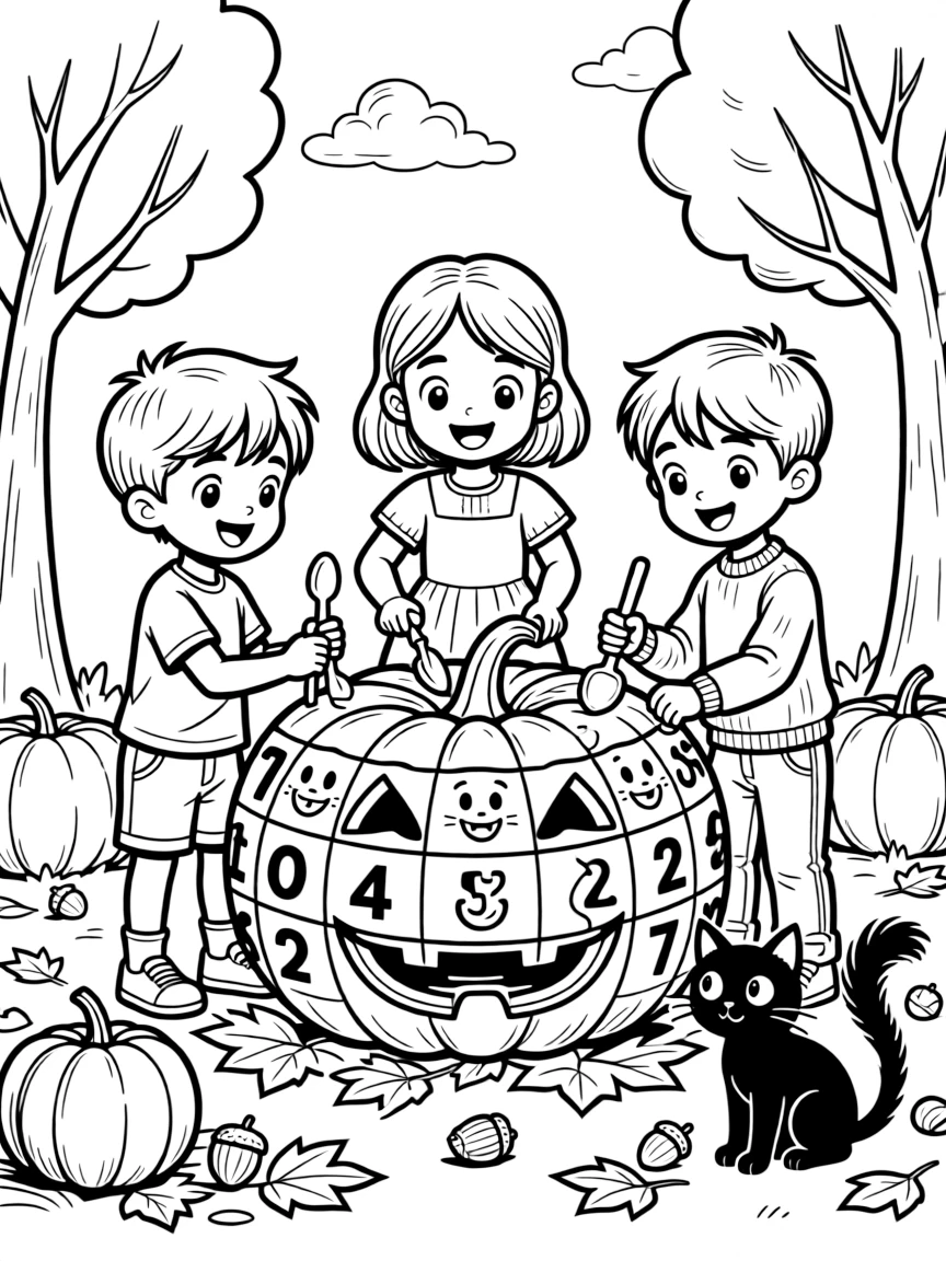 a wide-eyed group of three kids carves a pumpkin into the shape of a friendly counting chart.