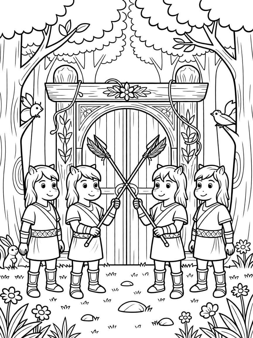 A troop of centaur guards stand watch at the gates of a hidden forest kingdom, spears crossed in ceremonial greeting.