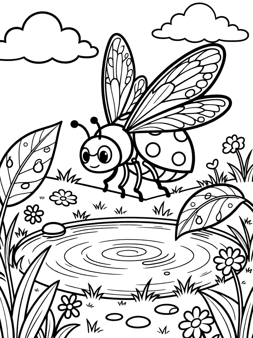 [Insects] a hardworking ladybug hovering above a pond near a sunny meadow, concentrating hard with a focused expression. Nearby, dew drops sparkle on nearby leaves. Delicate wings show intricate patterns. The scene is captured just after a rainstorm, with fluffy clouds drifting overhead, giving the page a lively and adventurous feel that invites plenty of colorful detail.