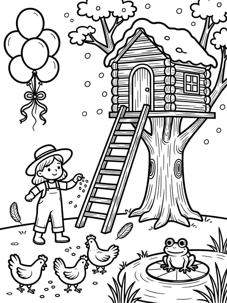 A girl farmer scattering seed for the chickens is climbing up to a treehouse hideaway inside a cozy log cabin during a gentle snowstorm. Close by, a friendly frog perched on a lily pad and a cluster of bouncing balloons tied with ribbon bring the scene to life.