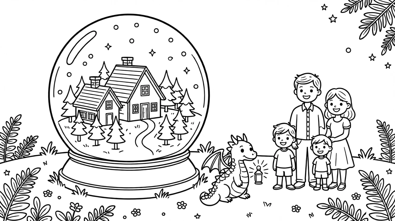 A tiny glowing village trapped inside a snow globe in a sparkling magical forest glowing with soft light, alongside a whole smiling family and a friendly dragon with tiny wings, with a glowing firefly lantern close by.