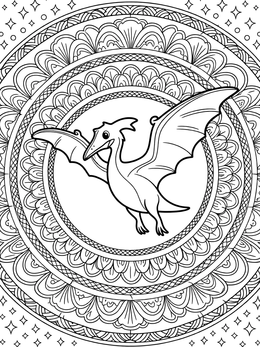 Dinosaurs & Prehistoric: The main subject is a friendly-faced pterodactyl gliding with wide wings, drawn as the focal point of a cloud-ring mandala made of puffy overlapping curves. It is placed at the very center of the page, with the surrounding rings growing larger and more detailed toward the outer edge. Decorative details fill the surrounding space, including rows of scalloped fan shapes, bands of braided rope shapes, and rays fanning out like a small sunburst woven throughout the background. A playful extra touch completes the page: a few sparkling gem shapes dotted along the outer border.