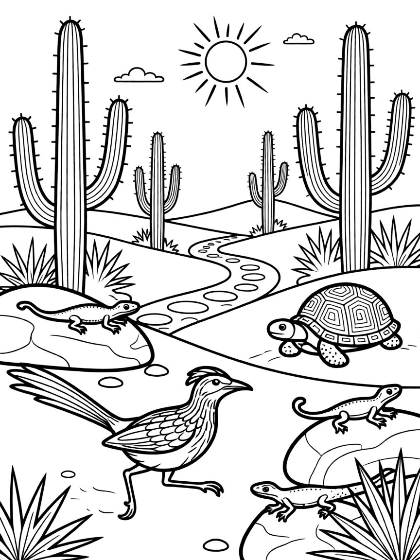 [Desert Dunes] A roadrunner dashes across the sand past a cluster of tall saguaro cacti. Lizards bask on sun-warmed rocks while a tortoise slowly makes its way across the sand. Tall saguaro cacti stand like sentries near a winding path of smooth, sun-baked stones. Bright midday sun beats down on the dunes beneath a nearly cloudless sky.