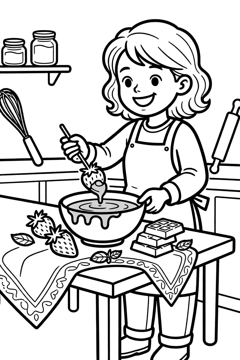 A chocolate maker dips strawberries into a bowl of melted chocolate.
