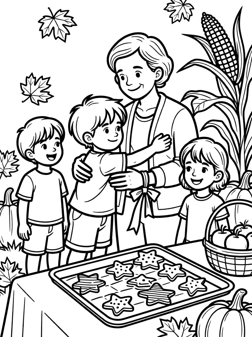 A shy toddler hugging a grandparent hello during a harvest festival with cousins as star-shaped cookies cool on a tray.