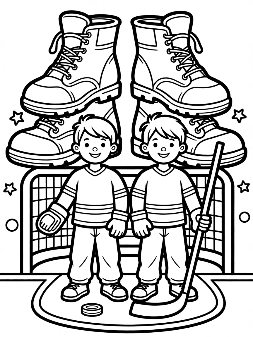 A pair of twin siblings, goaltending in front of two boots stacked to mark the goal posts.