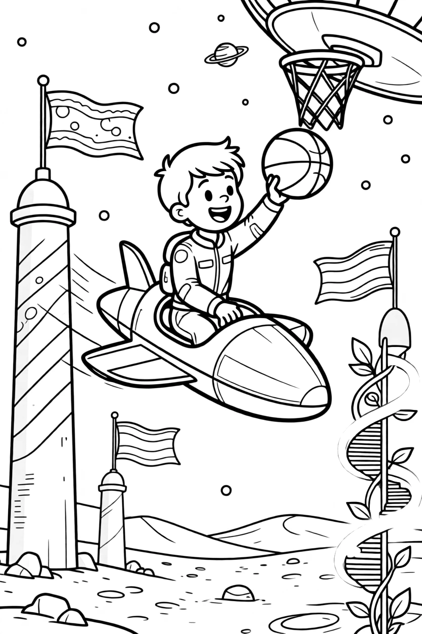 Pilot Frost zooming along on a jet-sled playing a friendly game of zero-gravity basketball on a space station, in a small frontier town on a dusty desert moon, with banners and flags fluttering from tall towers and a spiral staircase wrapped in glowing vines nearby.