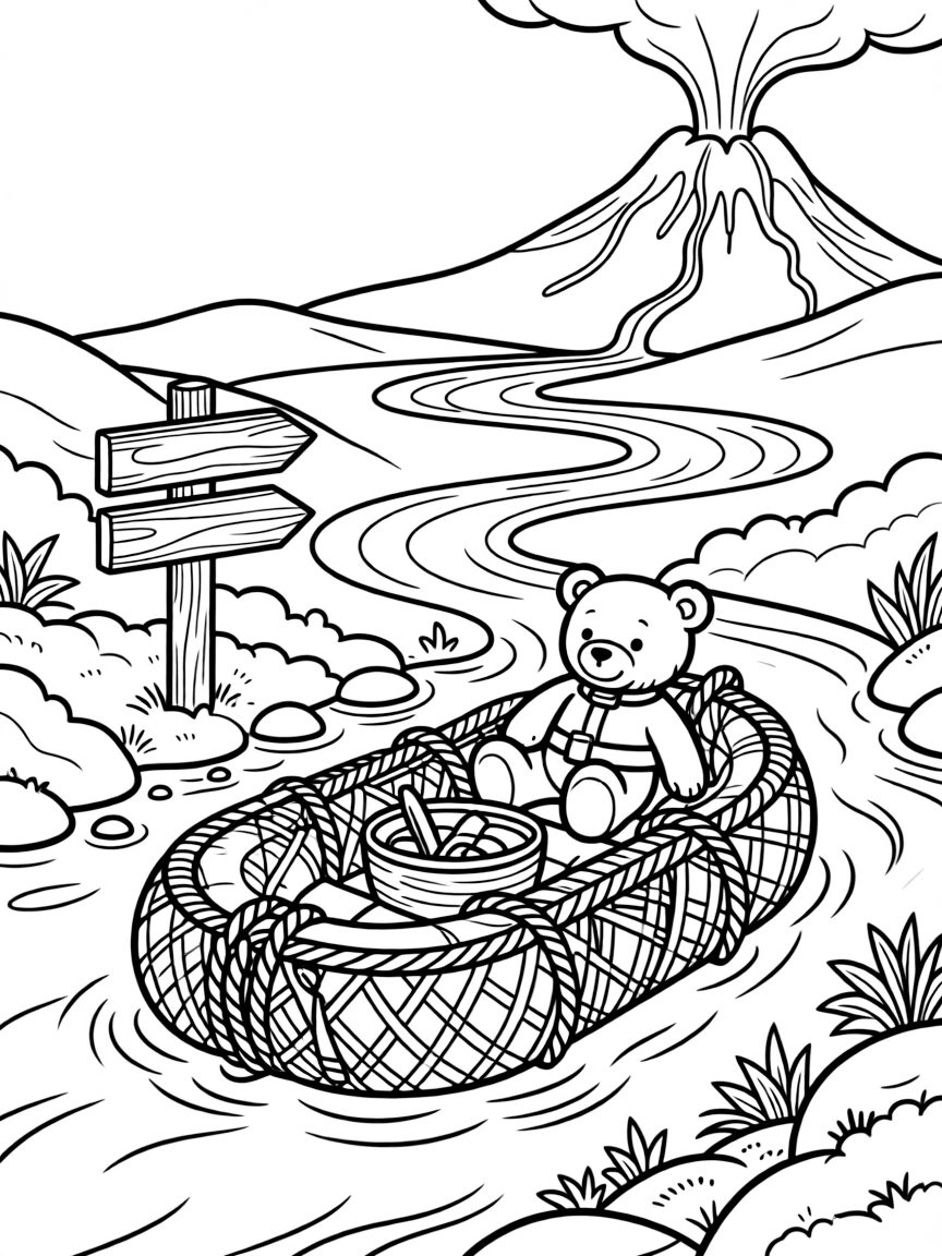 A rope-and-basket river raft floating past mossy rocks takes center stage in a rumbling volcano region with rivers of glowing lava in the distance, where a teddy bear buckled safely into the passenger seat can be seen nearby, surrounded by an old wooden signpost pointing to faraway towns.
