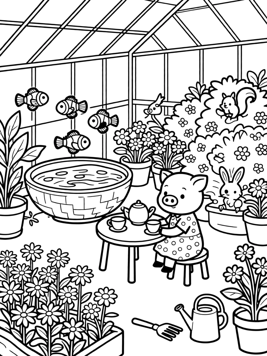 A school of clownfish in a greenhouse full of blooms, having a tea party with a piglet, next to a bed of daisies, while baby animals peek out from the bushes.