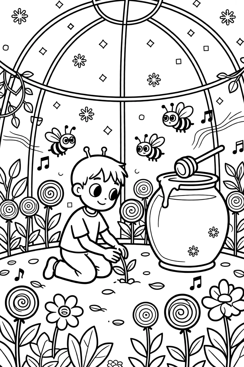 In a greenhouse filled with singing flowers, a plucky three-eyed alien is busy planting a garden of lollipop flowers, cheered on by a swarm of bees buzzing around a honey jar and sparkling snowflakes drifting down all around. A gentle breeze carries the sound of joyful laughter.