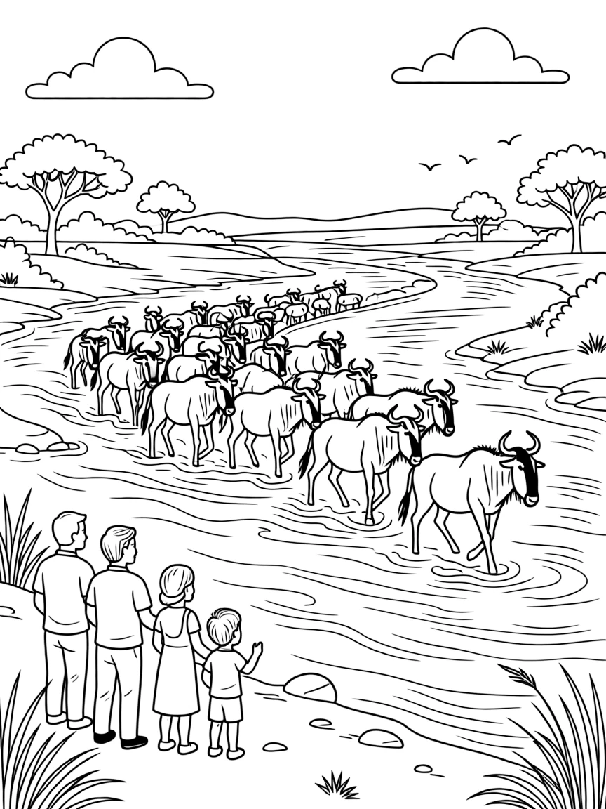 A coloring page of a family watching a great herd of wildebeest cross a river in Tanzania, showing grandparents, parents, and children all taking part together in the fun.