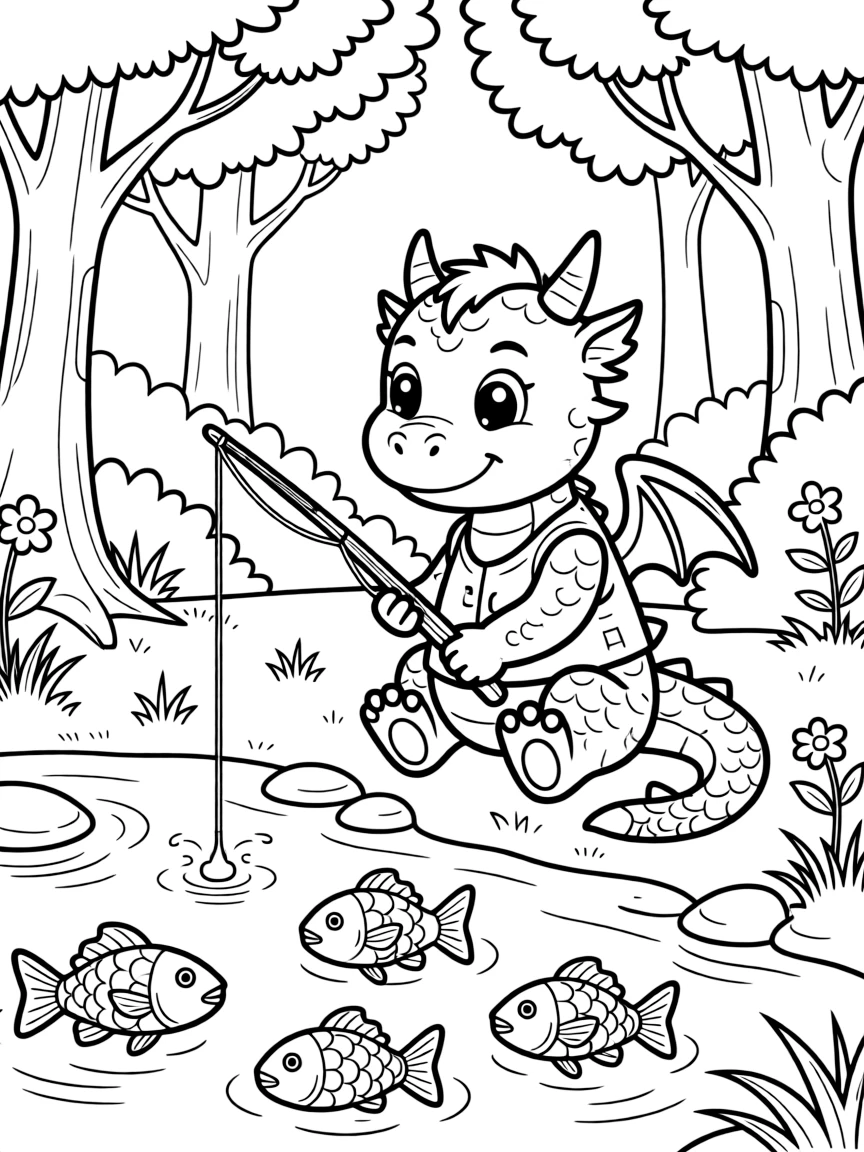 a shy a young dragon learns to count fish while fishing beside a quiet forest stream.
