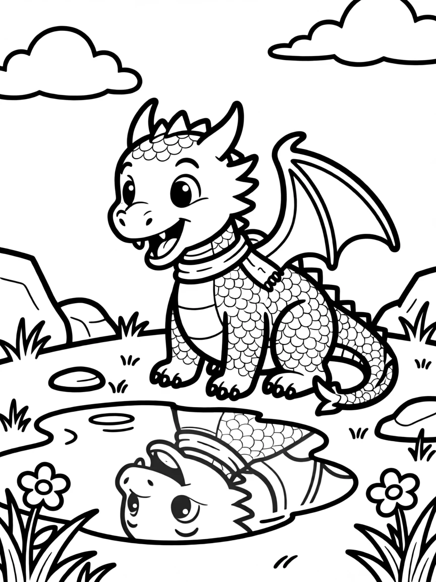 A young dragon practices its roar in front of a puddle, startled by its own reflection roaring back.