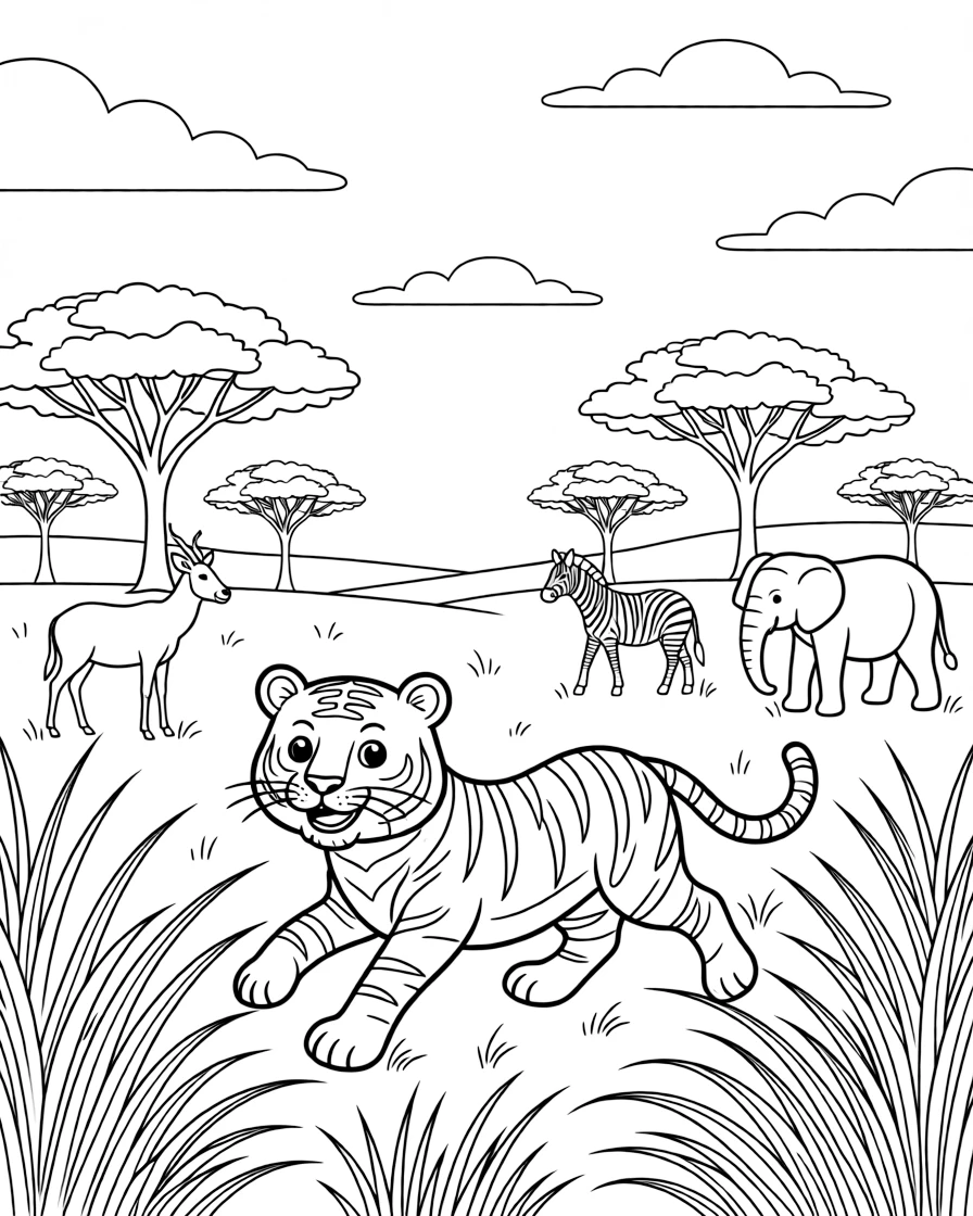 [Wild Animals] a striped tiger running across an open savanna among tall grasses under a wide sky. In the background, other animals graze peacefully in the background, adding extra fun to explore. Acacia trees dot the wide open landscape. It all happens just after a rainstorm, under clear blue skies.