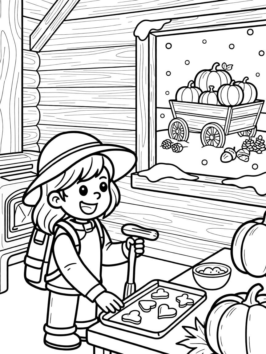 A girl hiker with a walking stick and floppy hat is baking a batch of heart-shaped cookies inside a cozy log cabin during a gentle snowstorm. In the background, a wagon piled high with pumpkins and a cluster of acorns and pinecones scattered about round out the happy picture.