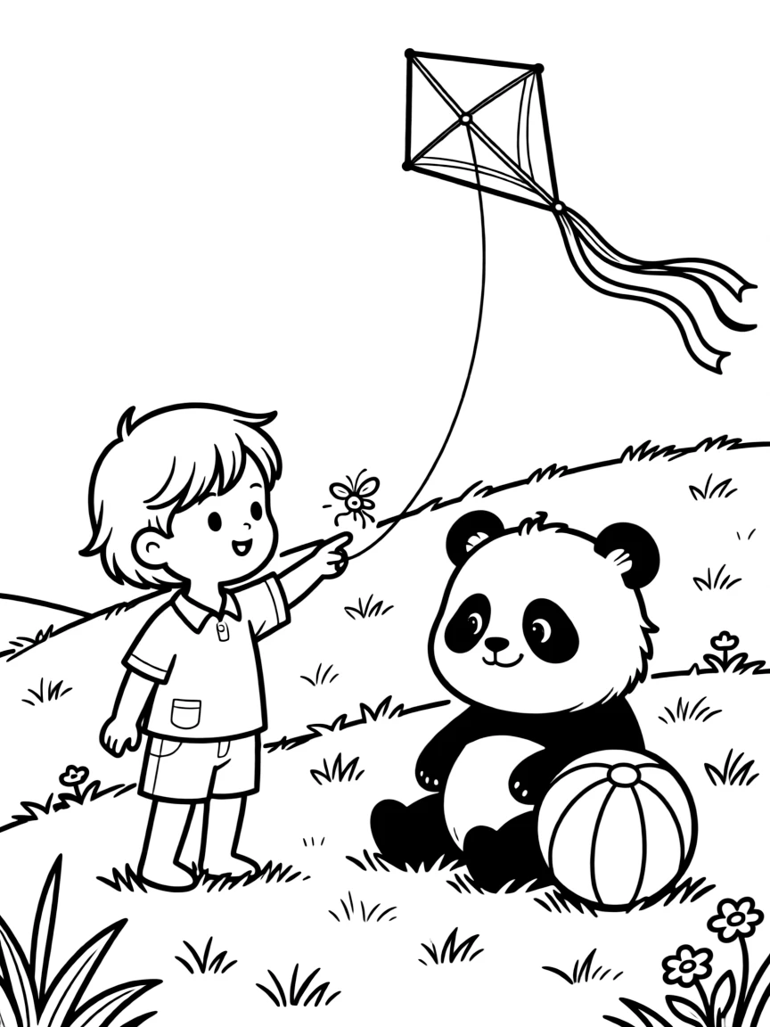 A firefly resting gently on a curious finger on a grassy hill perfect for flying kites, while a chubby panda cub looks on nearby, a striped beach ball and a kite soaring high overhead completing the scene.